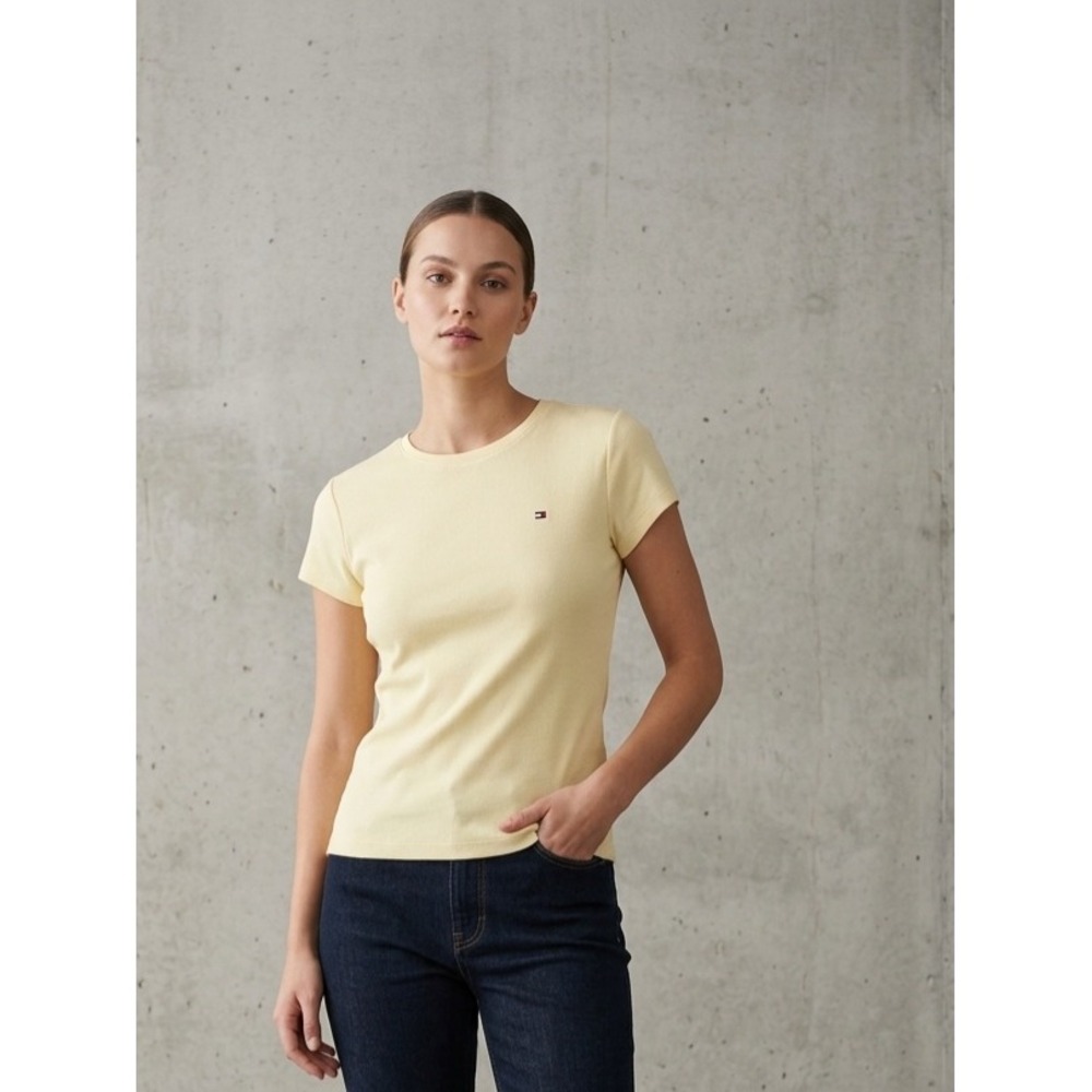 Tommy Hilfiger Classic Ribbed Logo Short Sleeve Crew Neck Tee Yellow XL